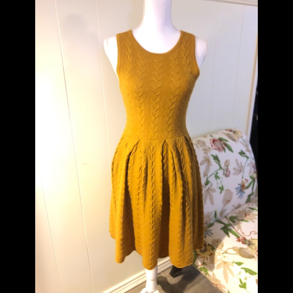 Anthropologie Mustard Cable Knit Sleeveless Fit-and-Flare Dress